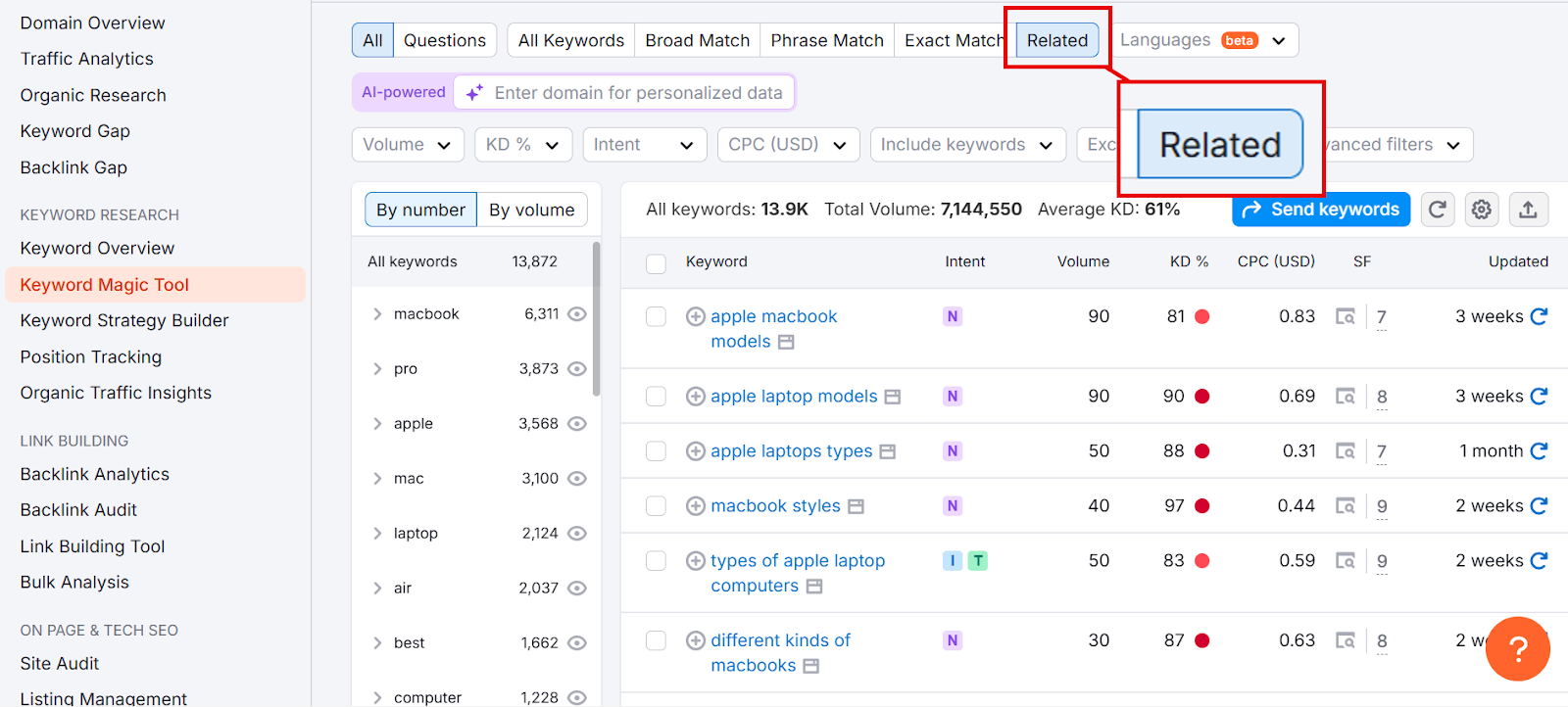 Screenshot of Keyword Magic Tool showing related keywords for MacBook.