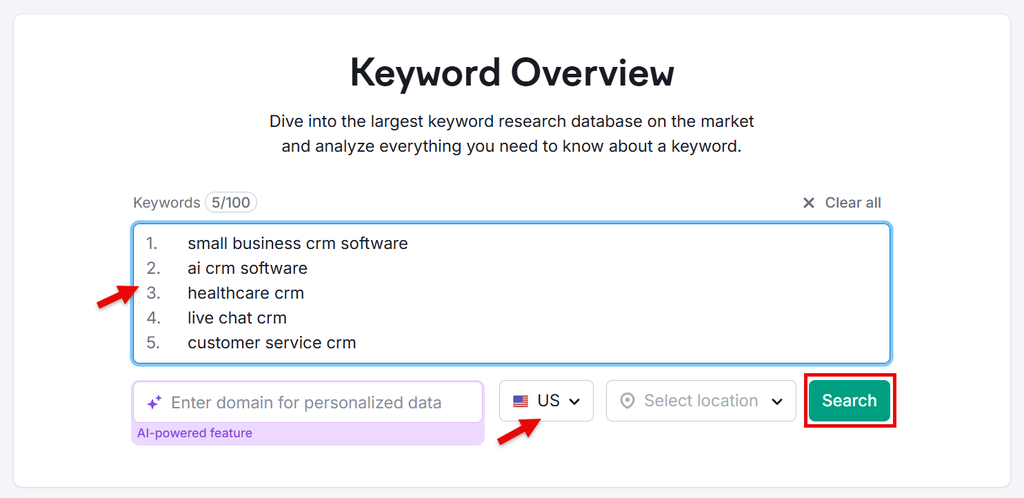 Keyword overview tool displaying popular CRM software terms for analysis.