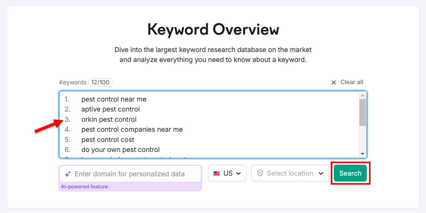 Keyword overview for pest control search analysis