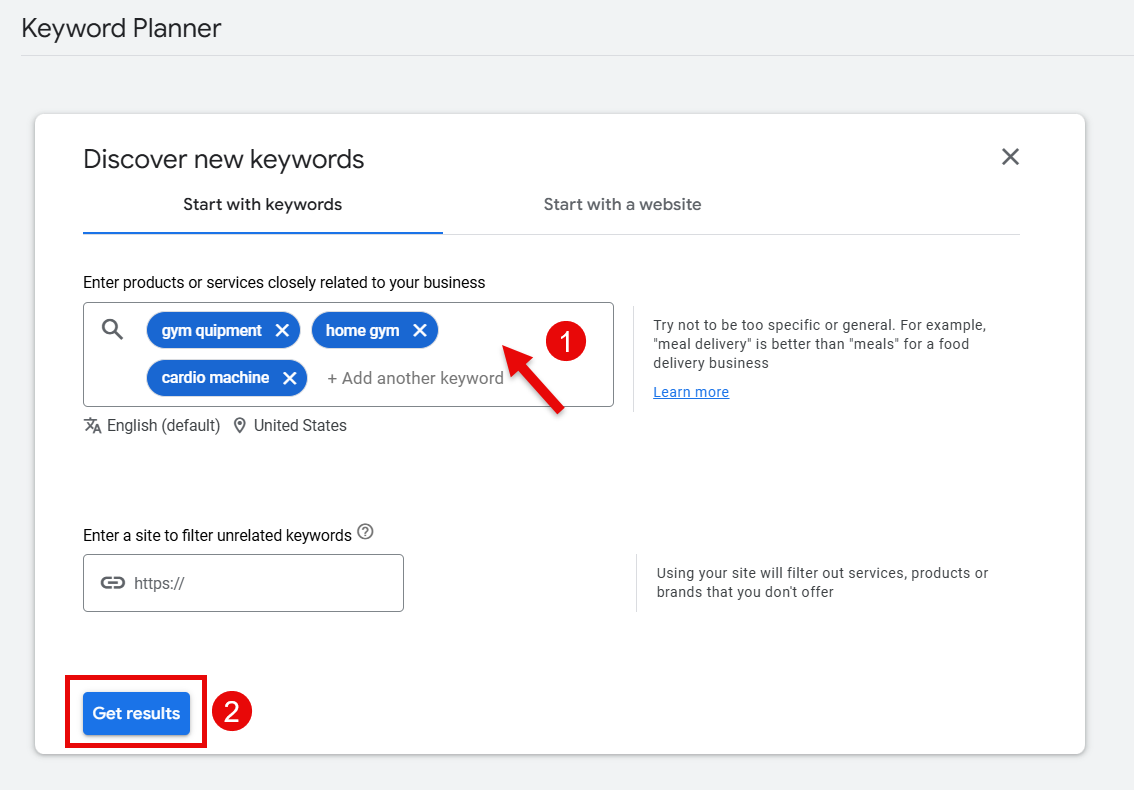 Keyword Planner interface highlighting gym equipment and home gym keywords.