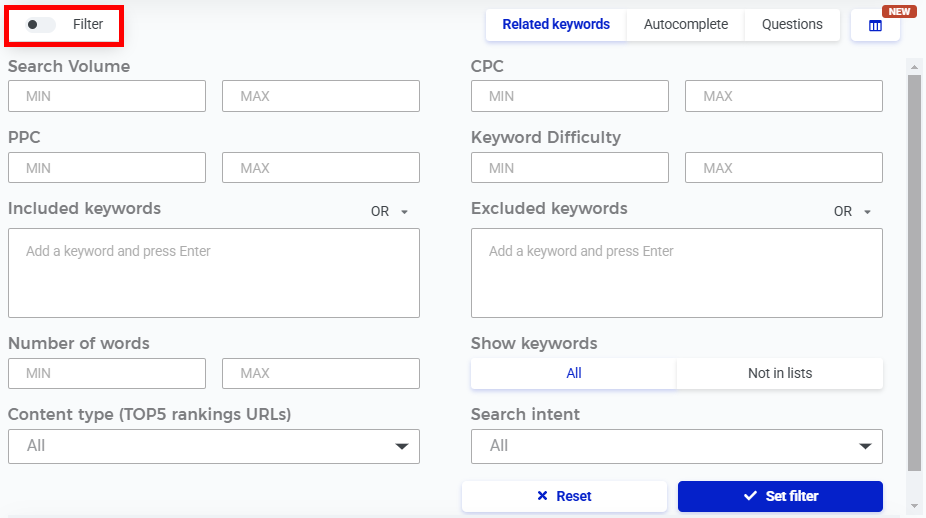 User interface showing filter options for keyword research tool.