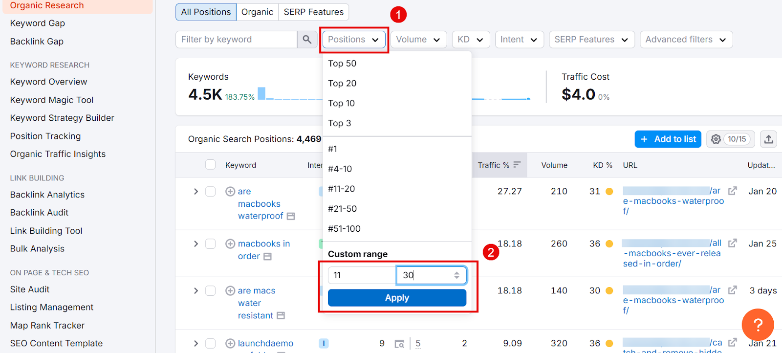 Keyword research tool displaying organic search positions and data filters.