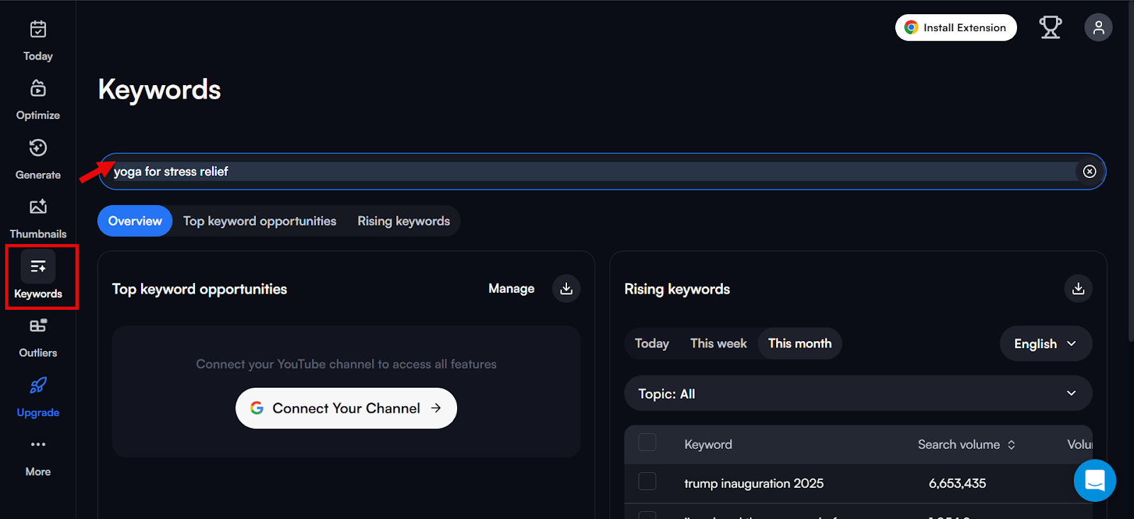 Keyword research tool displaying 'yoga for stress relief' and keyword opportunities.