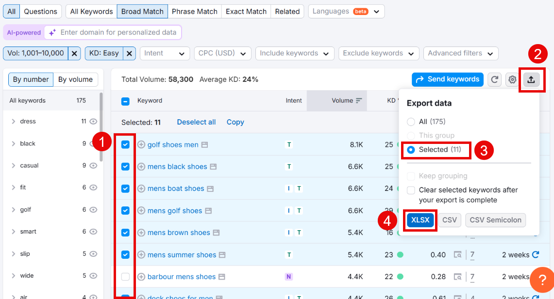 Keyword selection and export options in SEO analytics tool interface.