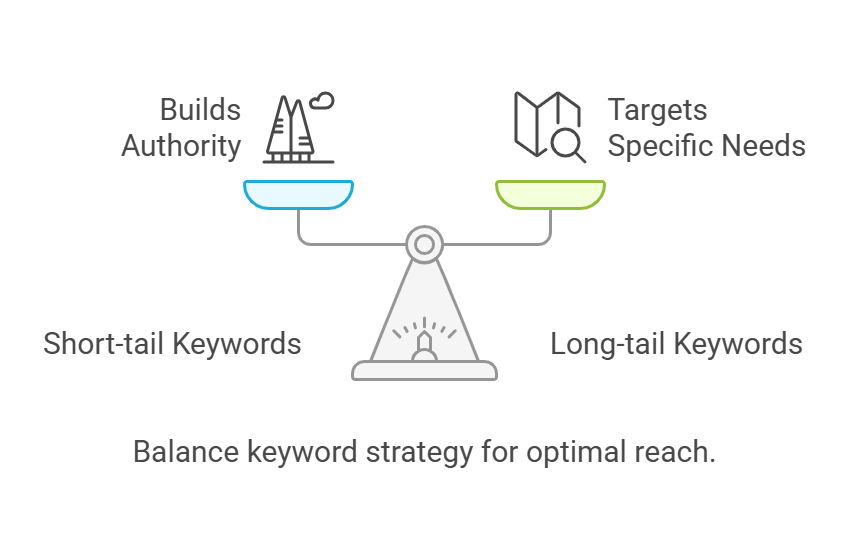 Keyword strategy balancing short-tail and long-tail for SEO optimization