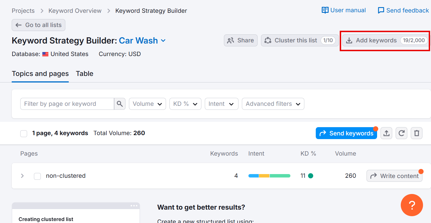 Keyword strategy builder dashboard for car wash keywords with total volume insights