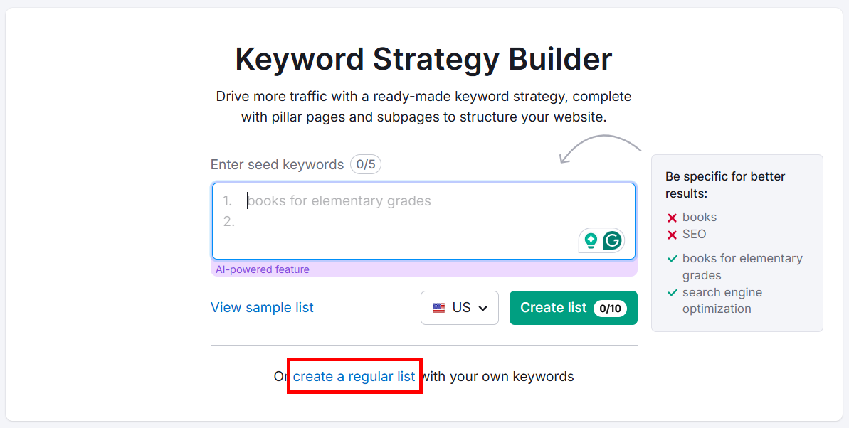 Keyword Strategy Builder interface for generating keyword lists.