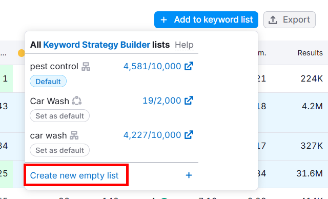 Keyword strategy builder interface with lists and options