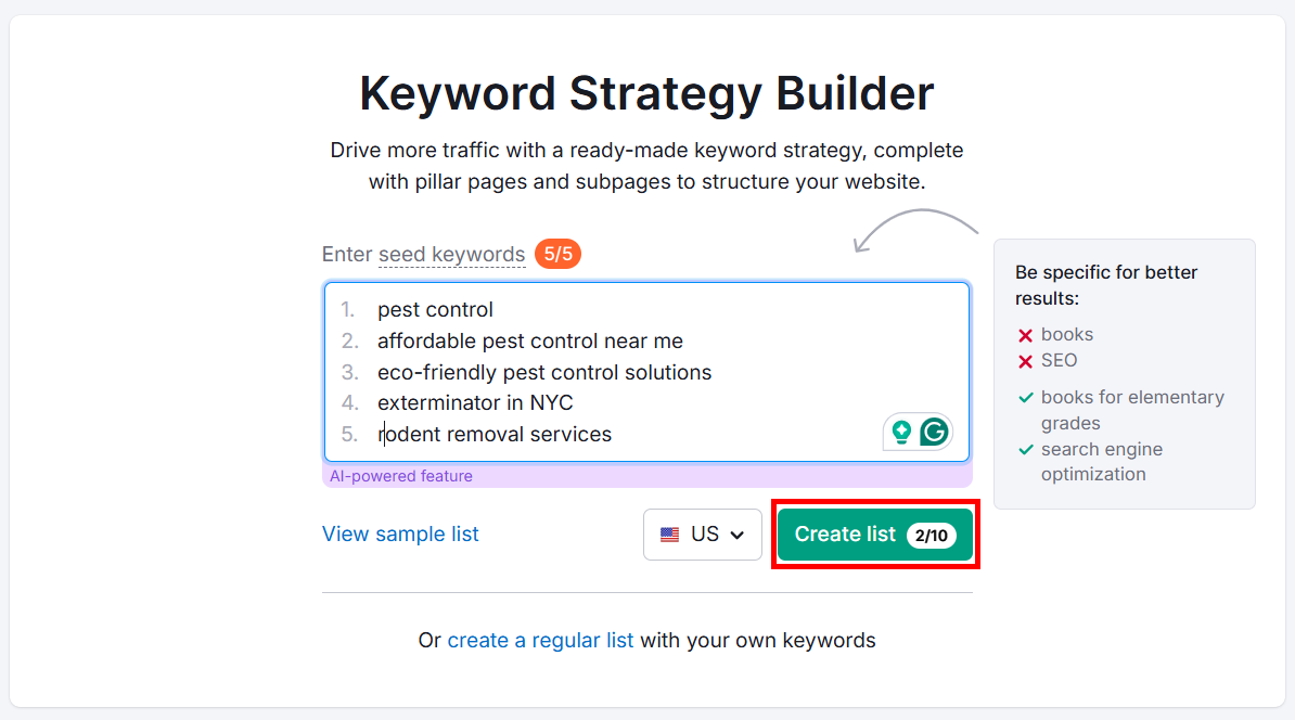 Keyword Strategy Builder interface for generating SEO keywords.