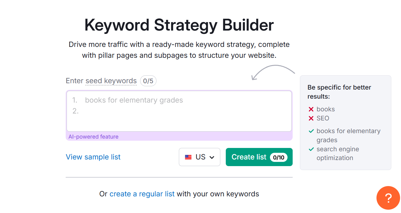 Keyword strategy builder interface for optimizing SEO efforts.