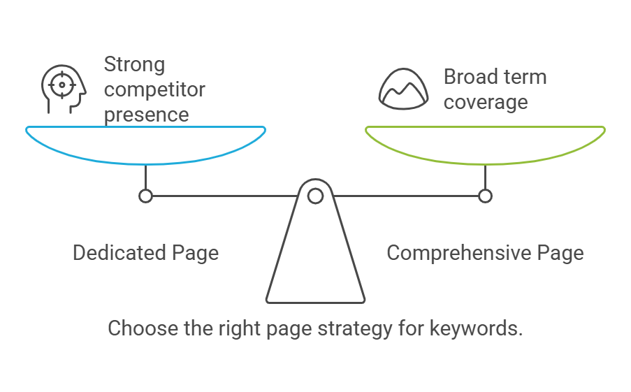 Graphic illustrating keyword strategy: dedicated vs comprehensive pages for SEO.