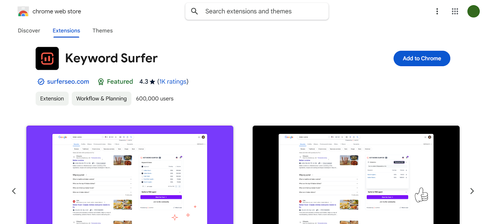 Keyword Surfer Chrome extension interface displaying search results.