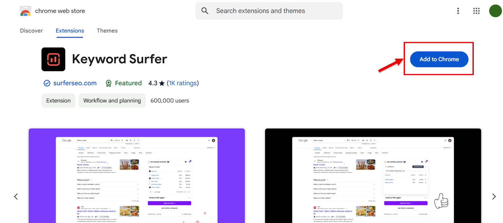 Keyword Surfer extension page in Chrome Web Store with add to Chrome button.