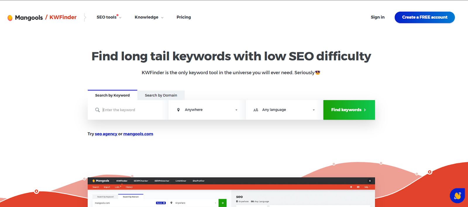 KWFinder tool for finding long tail keywords with low SEO difficulty.