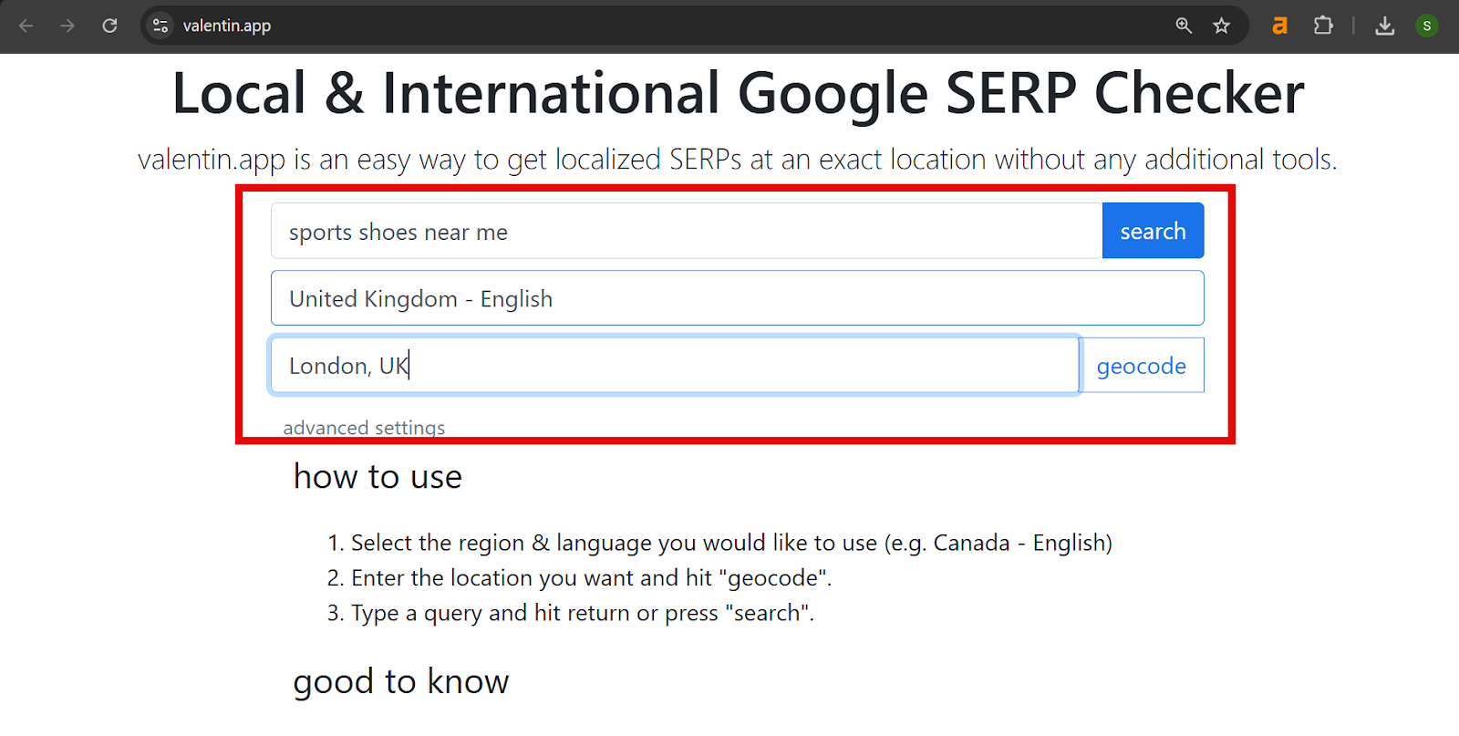 Local and international Google SERP checker for sports shoes in London, UK