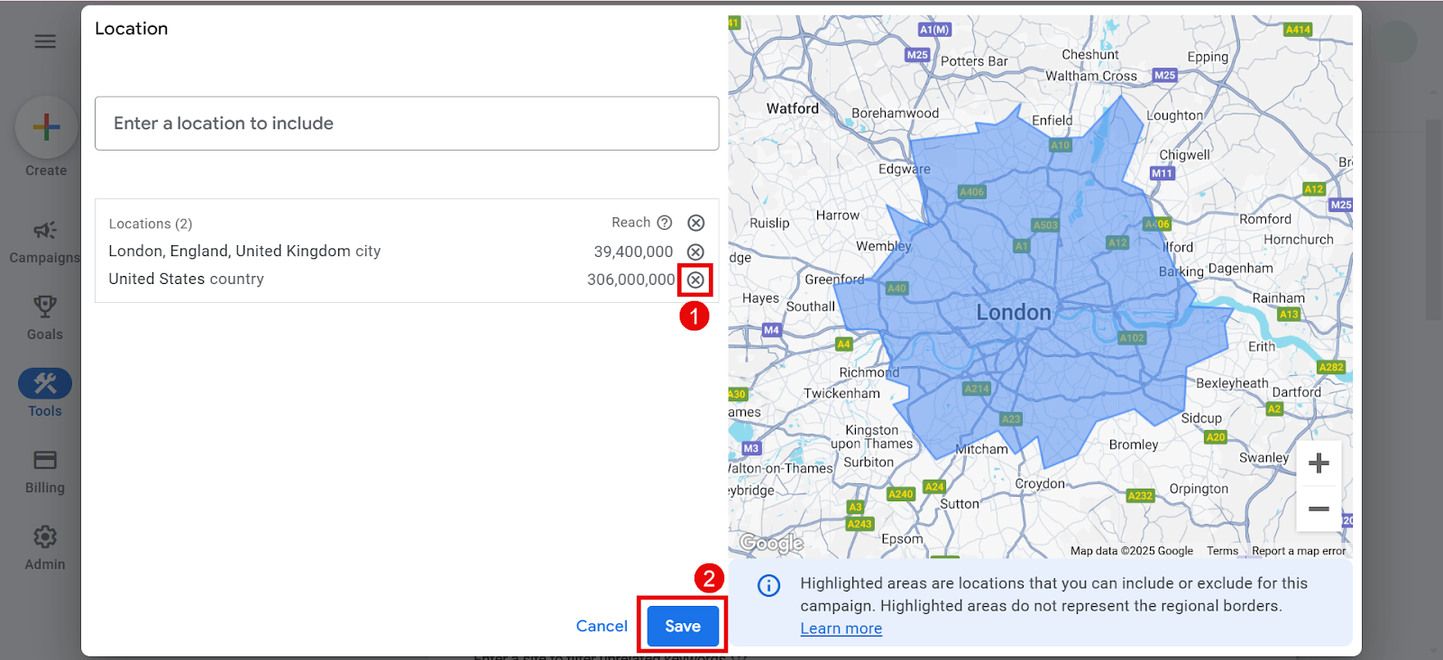 Tool interface showing location selection for campaigns in London and the USA.