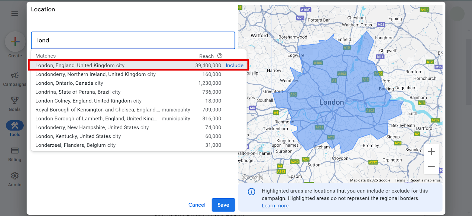 Search results for London, England including various cities and population data.