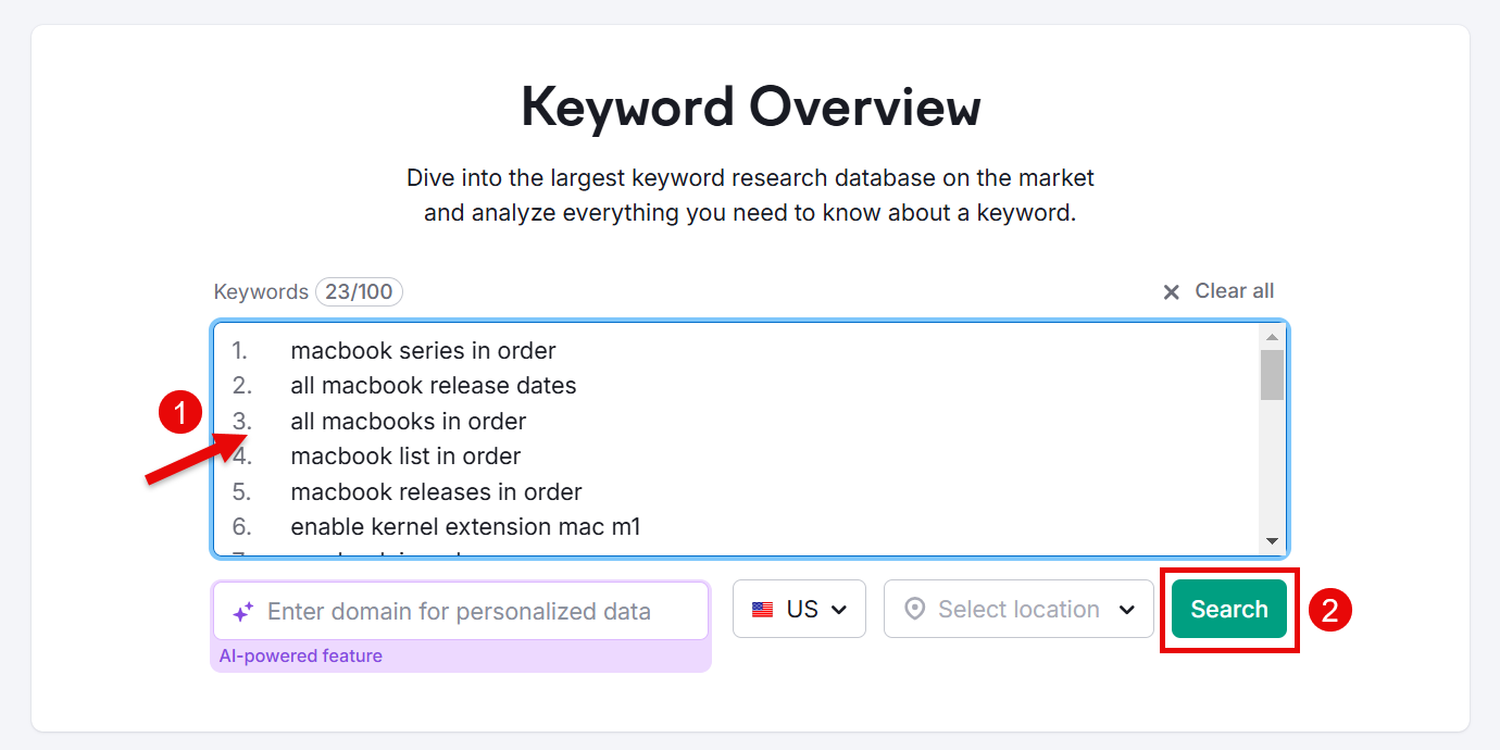 Keyword overview showing popular MacBook search queries and options to enter personalized data.