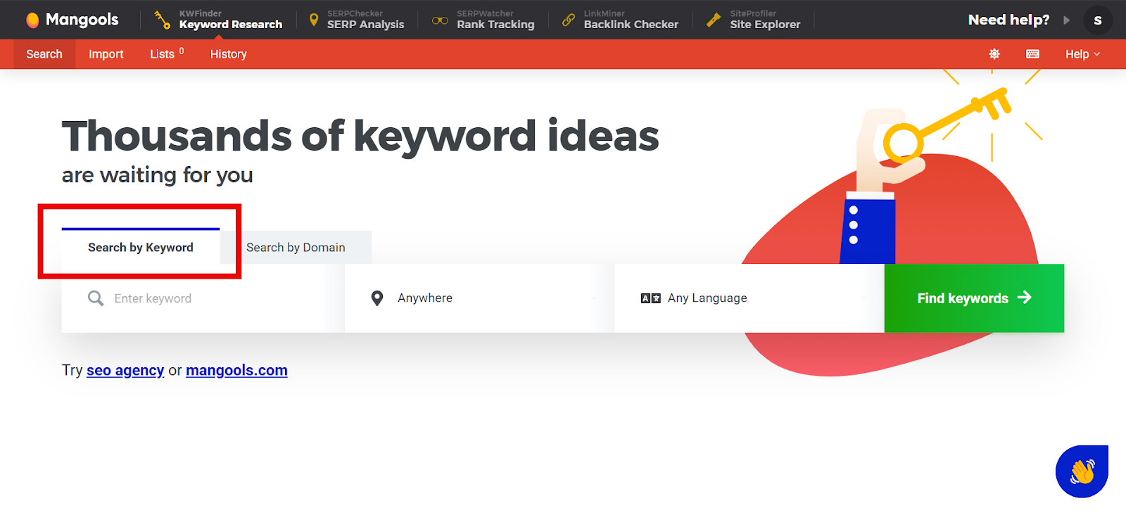 Mangoools keyword research tool interface with search options