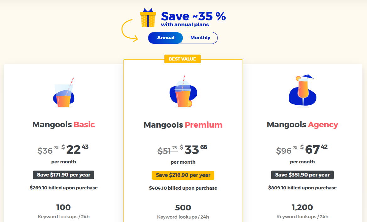 Mangools subscription plans showing pricing and savings for Basic, Premium, and Agency options.