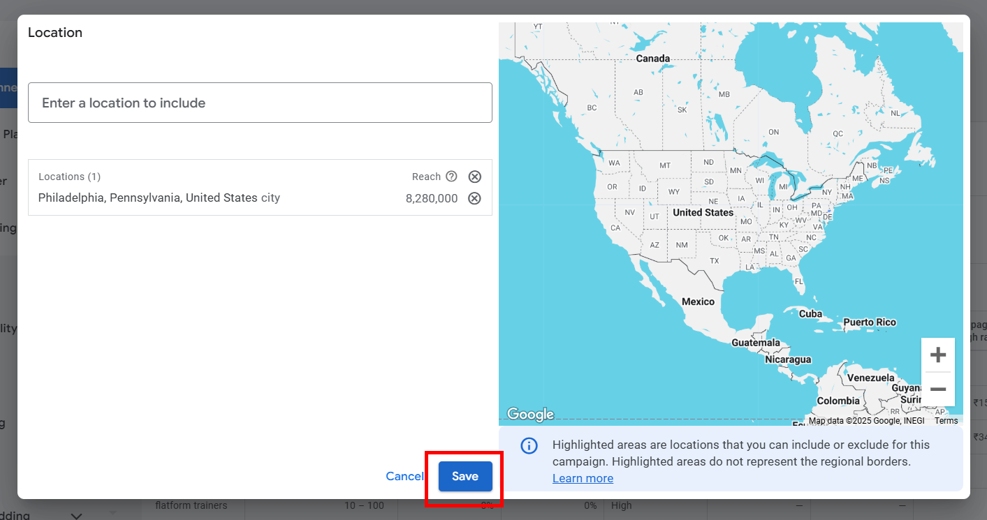 Map interface for selecting locations in Philadelphia, Pennsylvania with a save button.