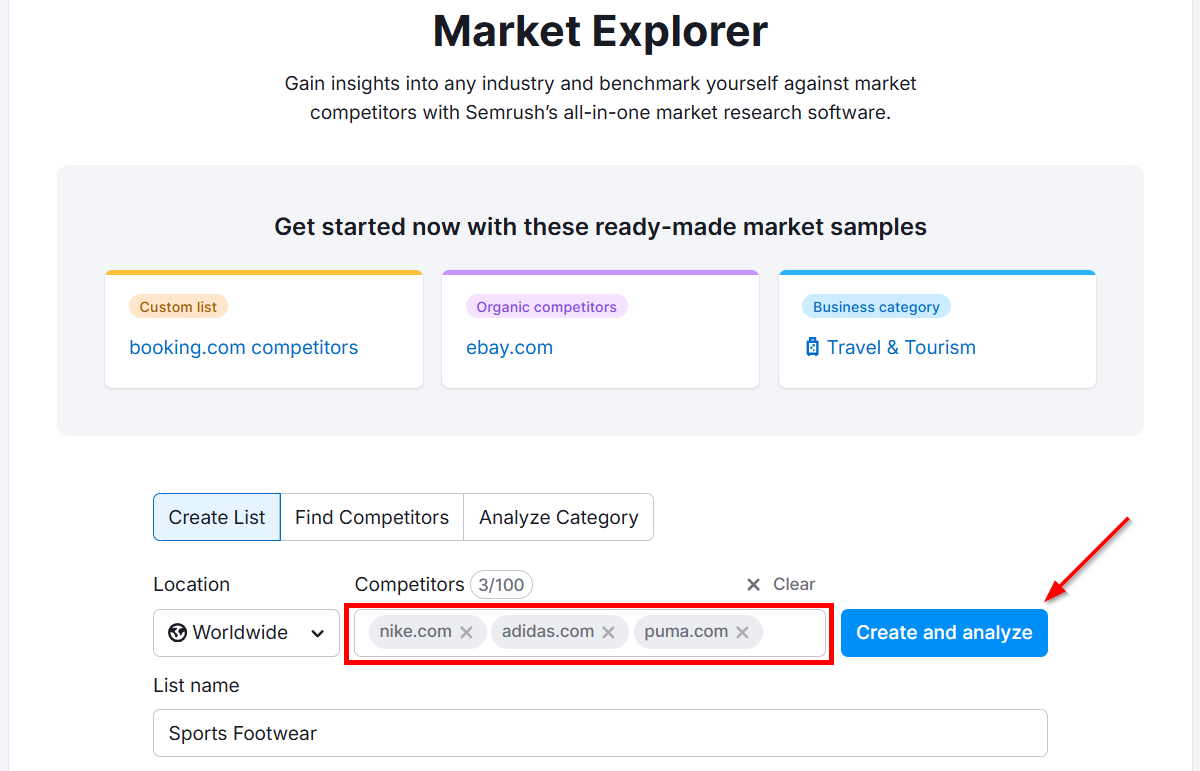 Market Explorer tool displaying competitors for sports footwear