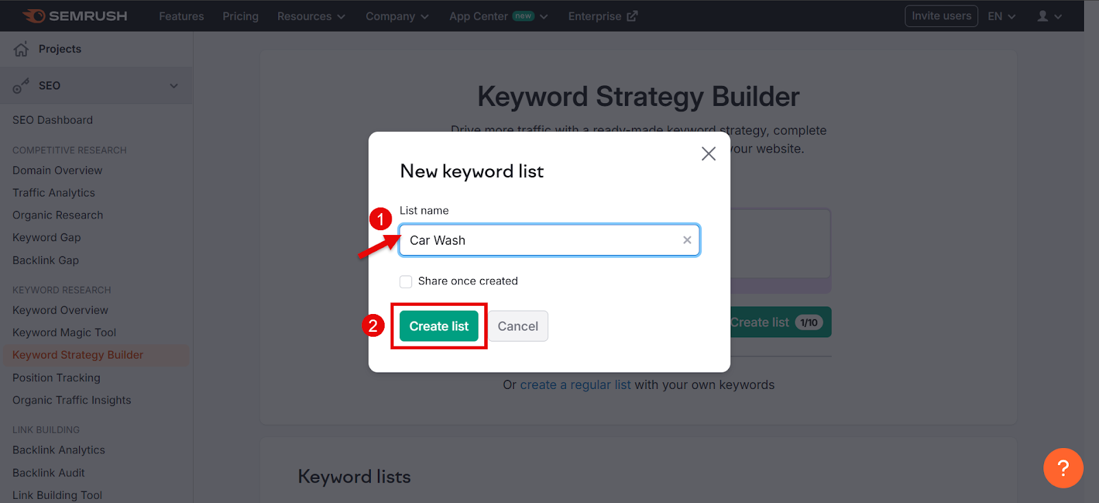 Creating a new keyword list named 'Car Wash' in the Keyword Strategy Builder.