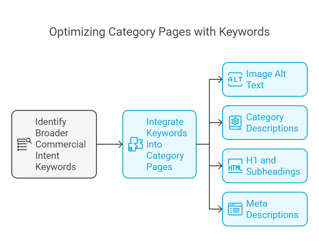 Flowchart illustrating optimization of category pages with keywords.