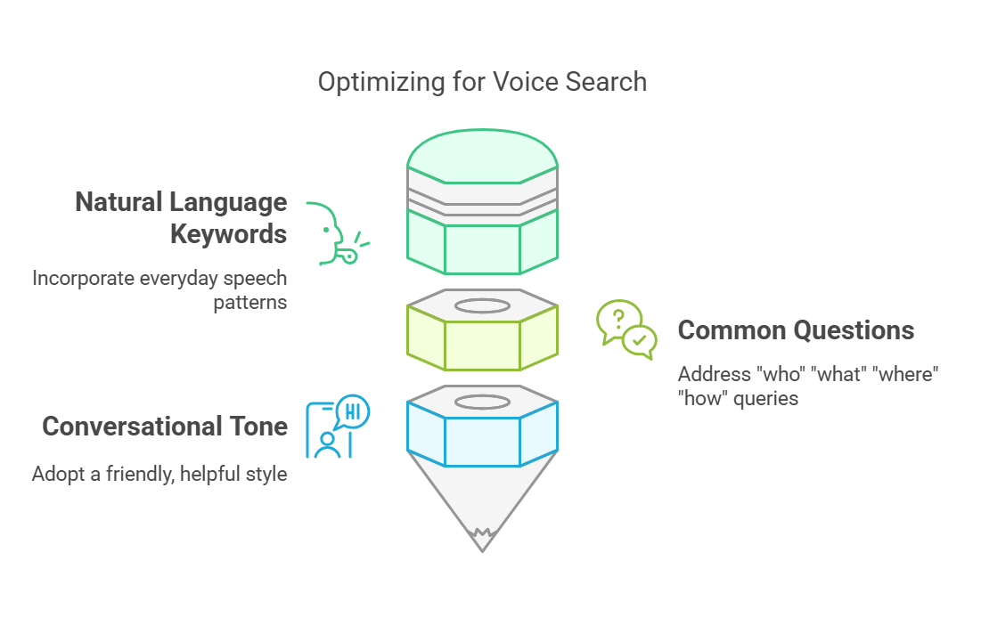 Infographic on optimizing for voice search with keywords and common questions.