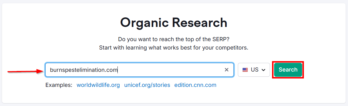 Search bar for organic research on burnspestelimination.com