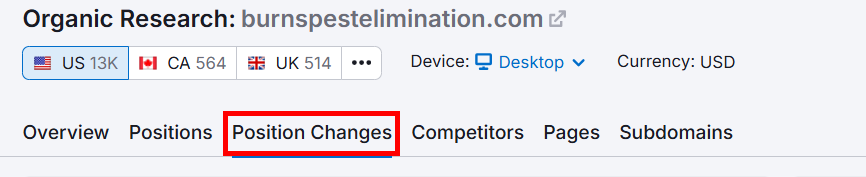 Screenshot of organic research tool showing position changes for a website