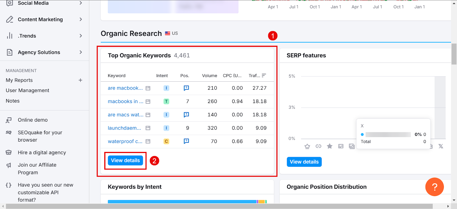 Organic research showing top keywords and metrics in SEO tool.