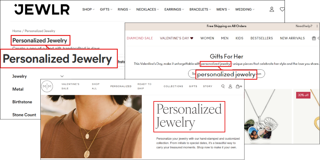 Various examples of personalized jewelry promotions on a website.