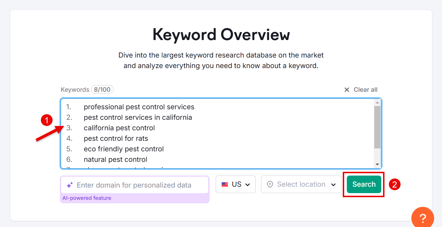 Keyword overview for pest control services with search functionality.