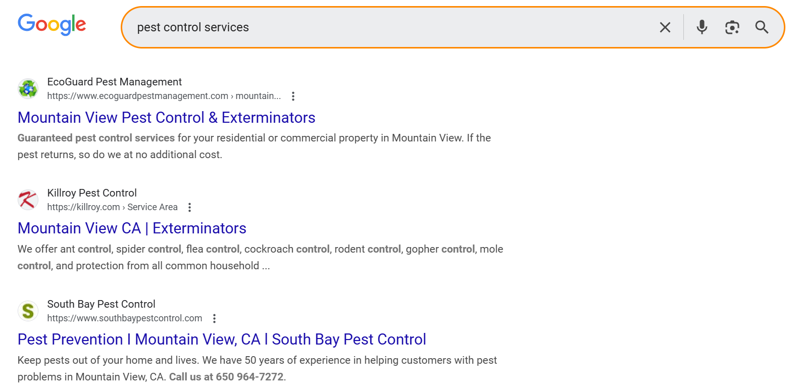 Search results for pest control services in Mountain View CA.