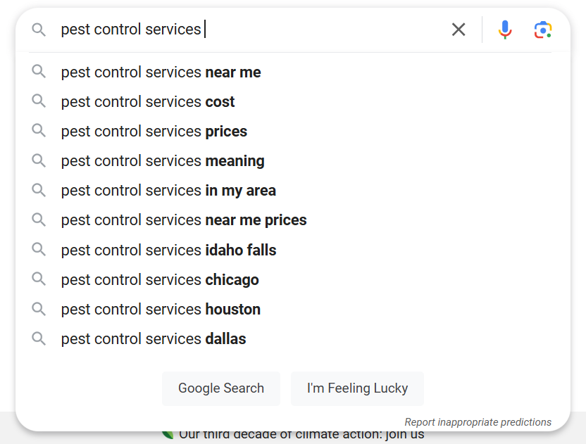 Search suggestions for pest control services including prices and locations.