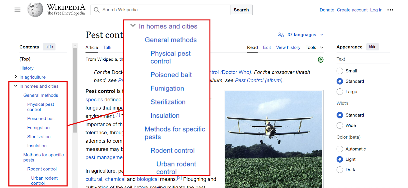 Wikipedia page on pest control with section navigation and article content.