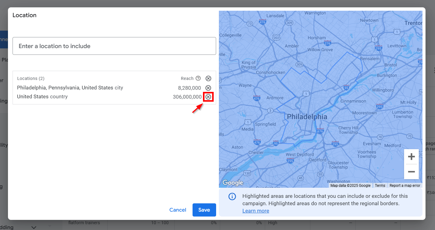 Location settings showing Philadelphia, Pennsylvania and United States options.