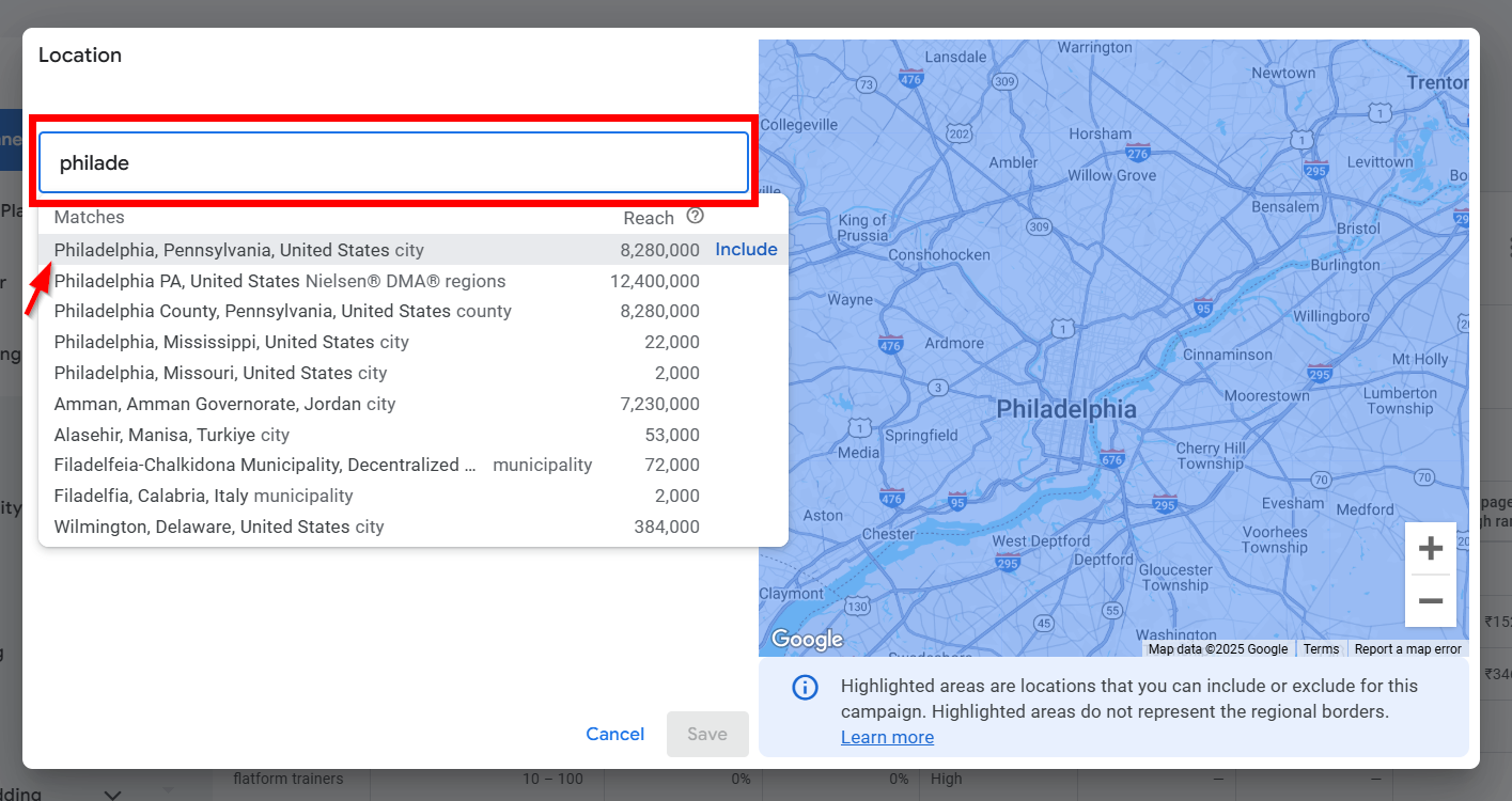 Location search results for Philadelphia and nearby areas.