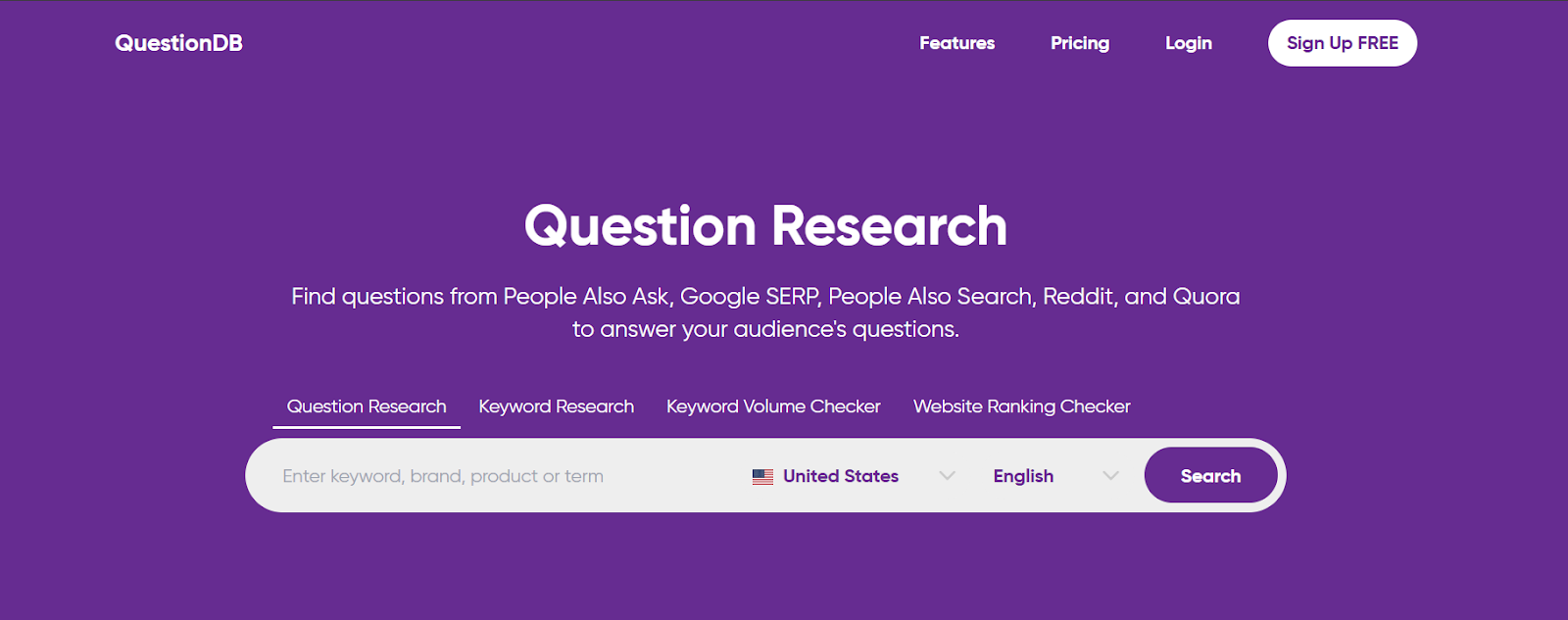 QuestionDB website homepage showcasing question research tools.