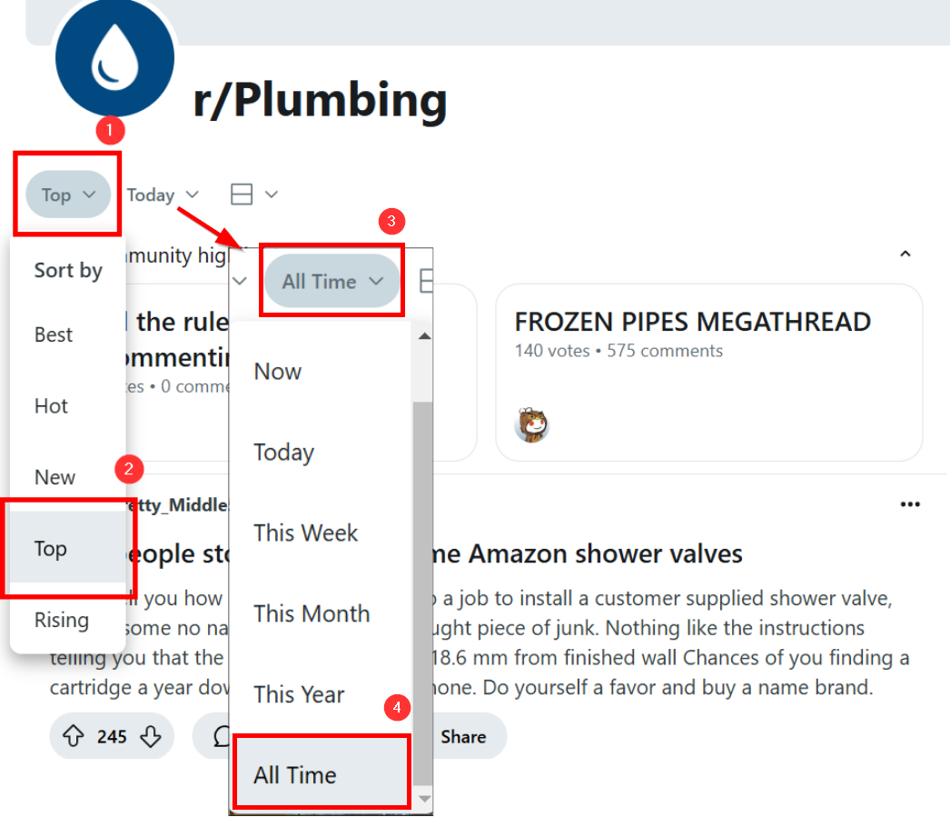 r/Plumbing subreddit showing sorting options for posts.