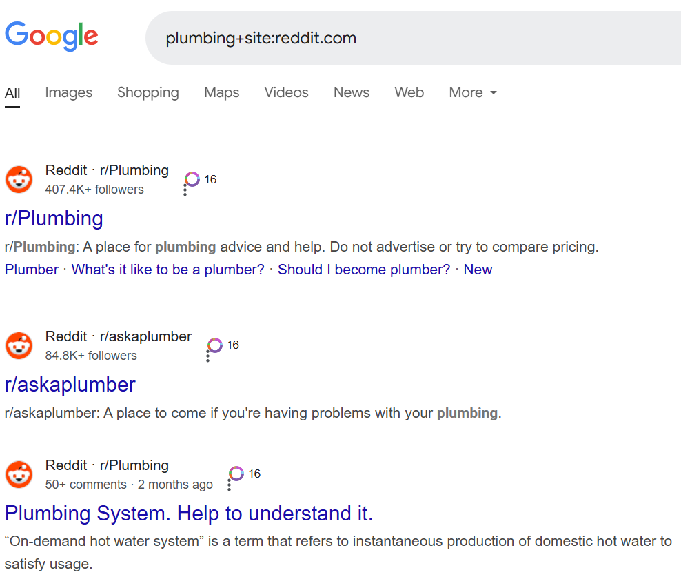 Reddit search results for plumbing communities and advice forums