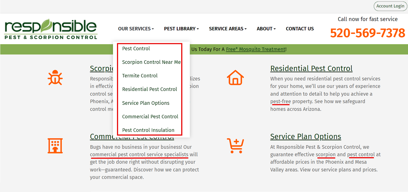 Responsive pest control services menu with options listed