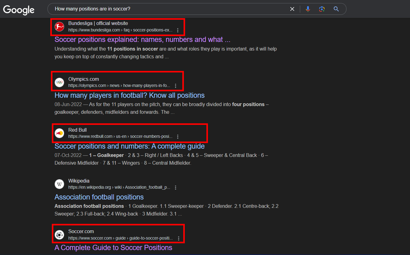 Search results for soccer positions and player roles on Google