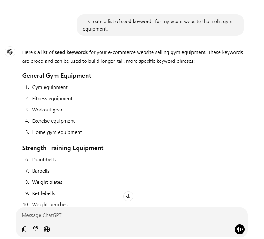 List of seed keywords for e-commerce gym equipment website.