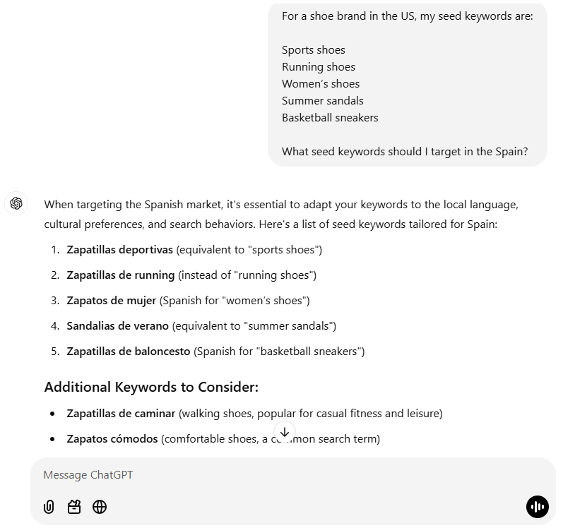 List of seed keywords for targeting shoe market in Spain