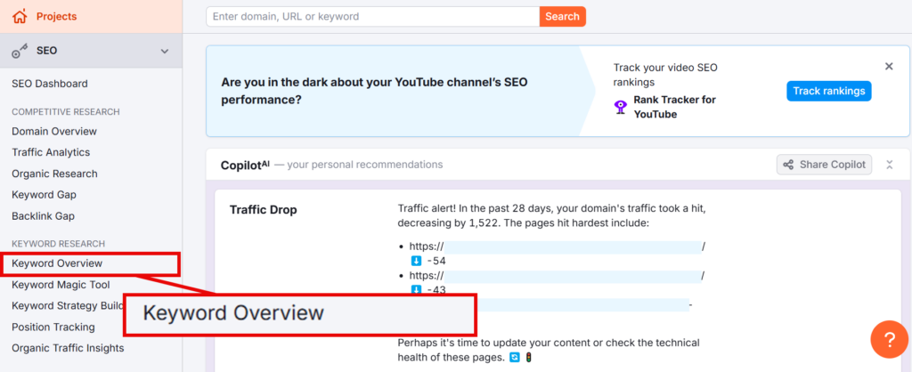 selecting keyword overview on semrush dashboard