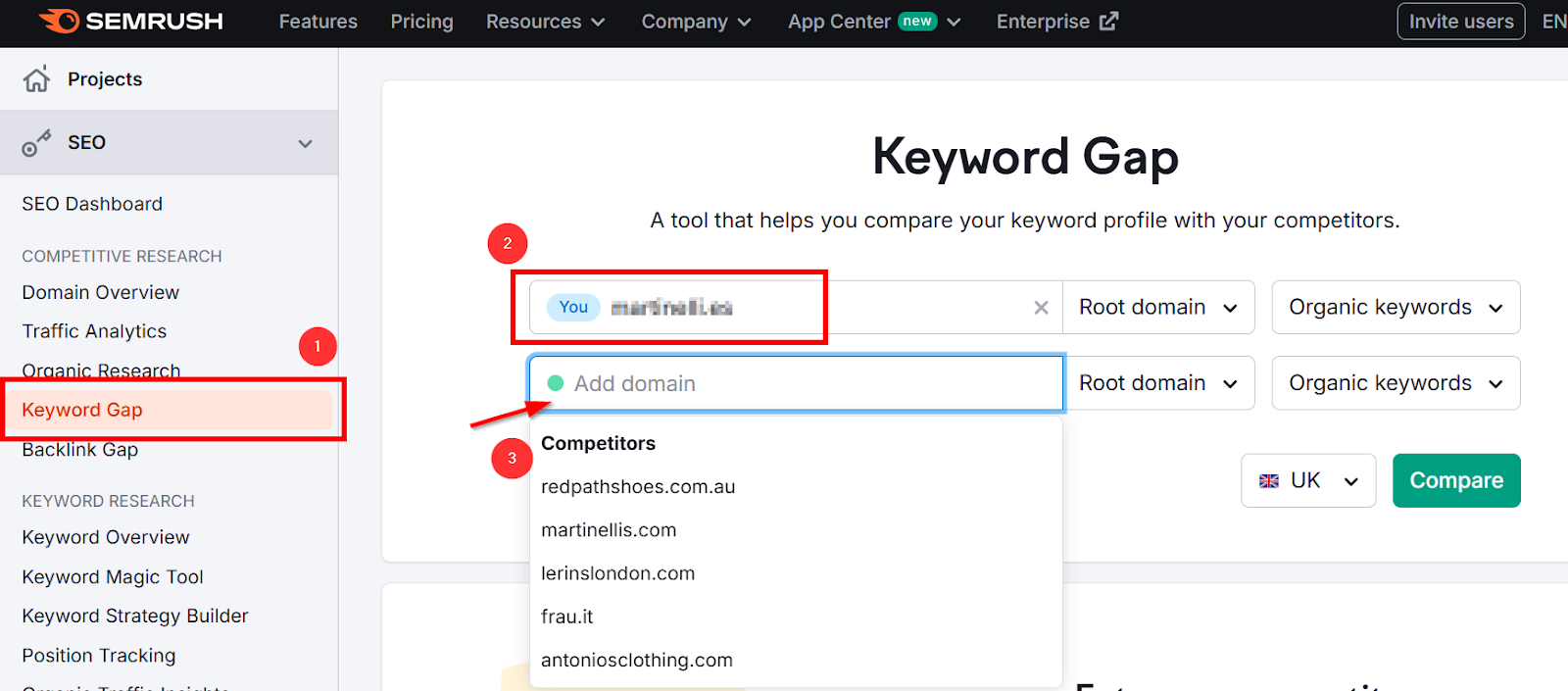 SEMrush Keyword Gap tool comparing keyword profiles with competitors.