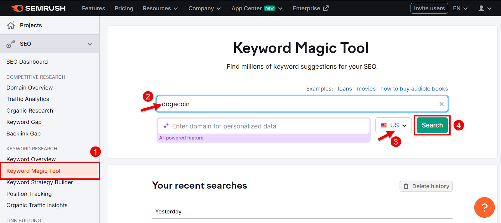 SEMrush Keyword Magic Tool interface showing Dogecoin search.