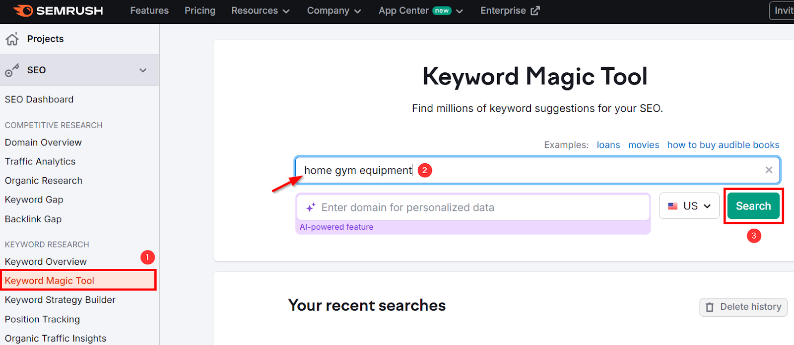 Semrush Keyword Magic Tool for home gym equipment search